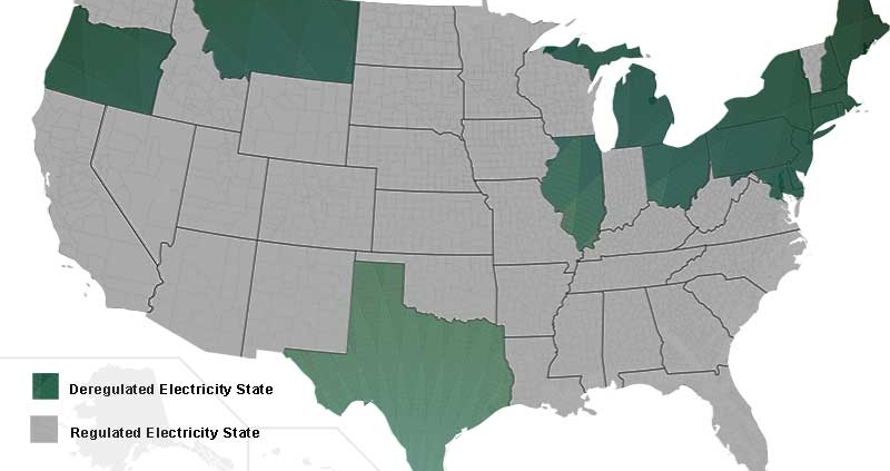 US Map of Deregulated vs Regulated Electricity States