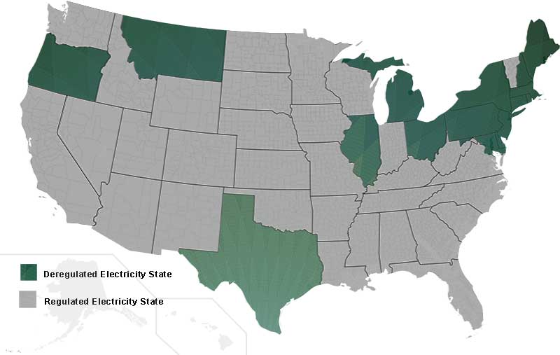 US Map of Deregulated vs Regulated Electricity States