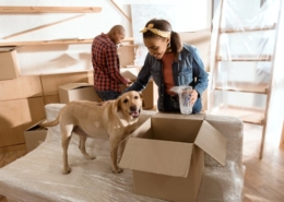 couple with moving boxes and their puppy