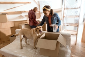 couple with moving boxes and their puppy