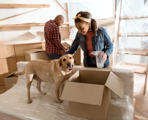 couple with moving boxes and their puppy