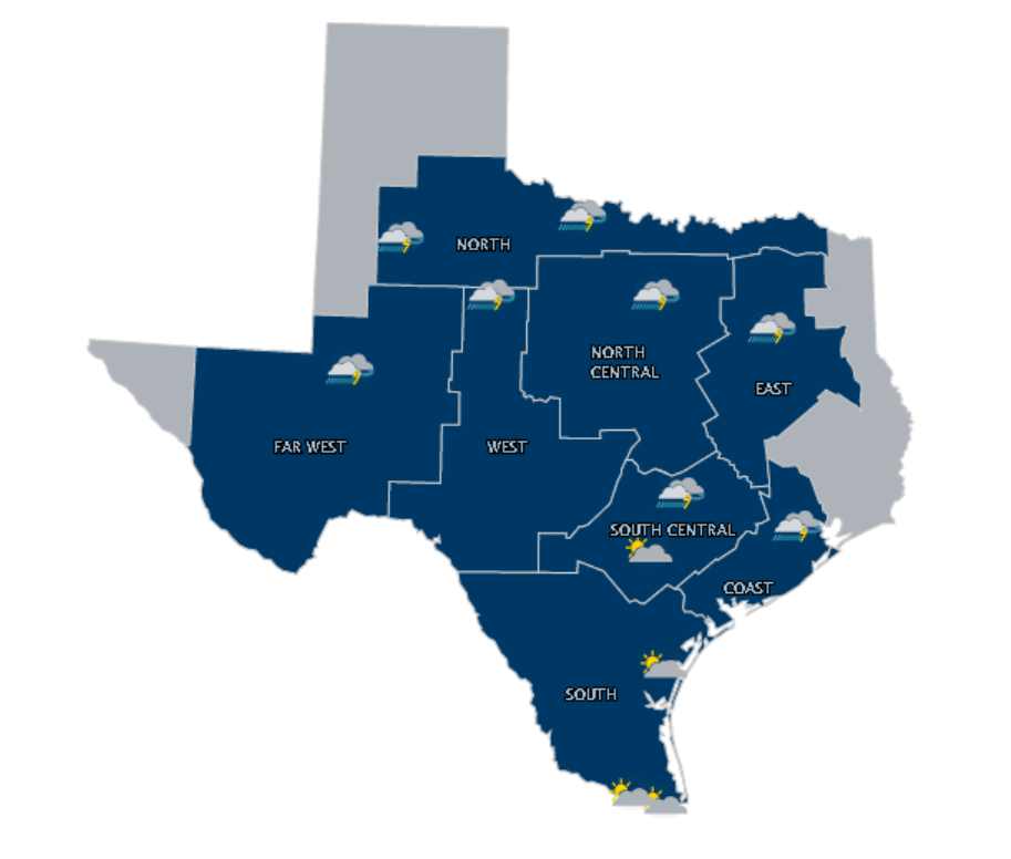 This chart provides a weather forecast for all regions covered by the ERCOT grid.
