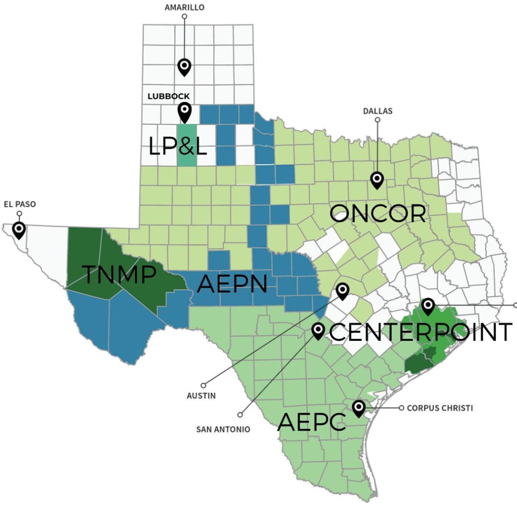 Mapa de empresas de servicios eléctricos de Texas